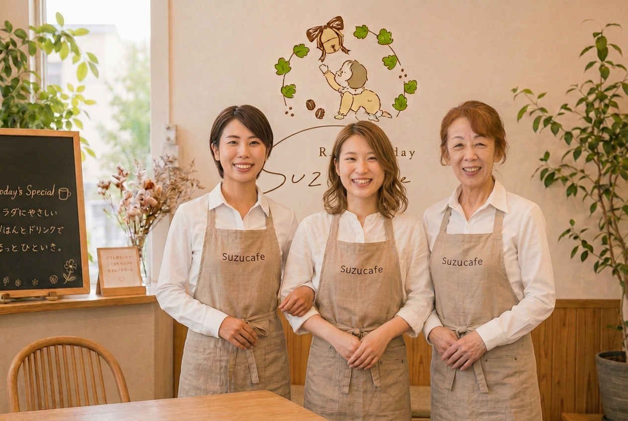 カフェで子どもと遊ぶボランティアスタッフと、ほっと一息つくママ。あたたかく自然な雰囲気。