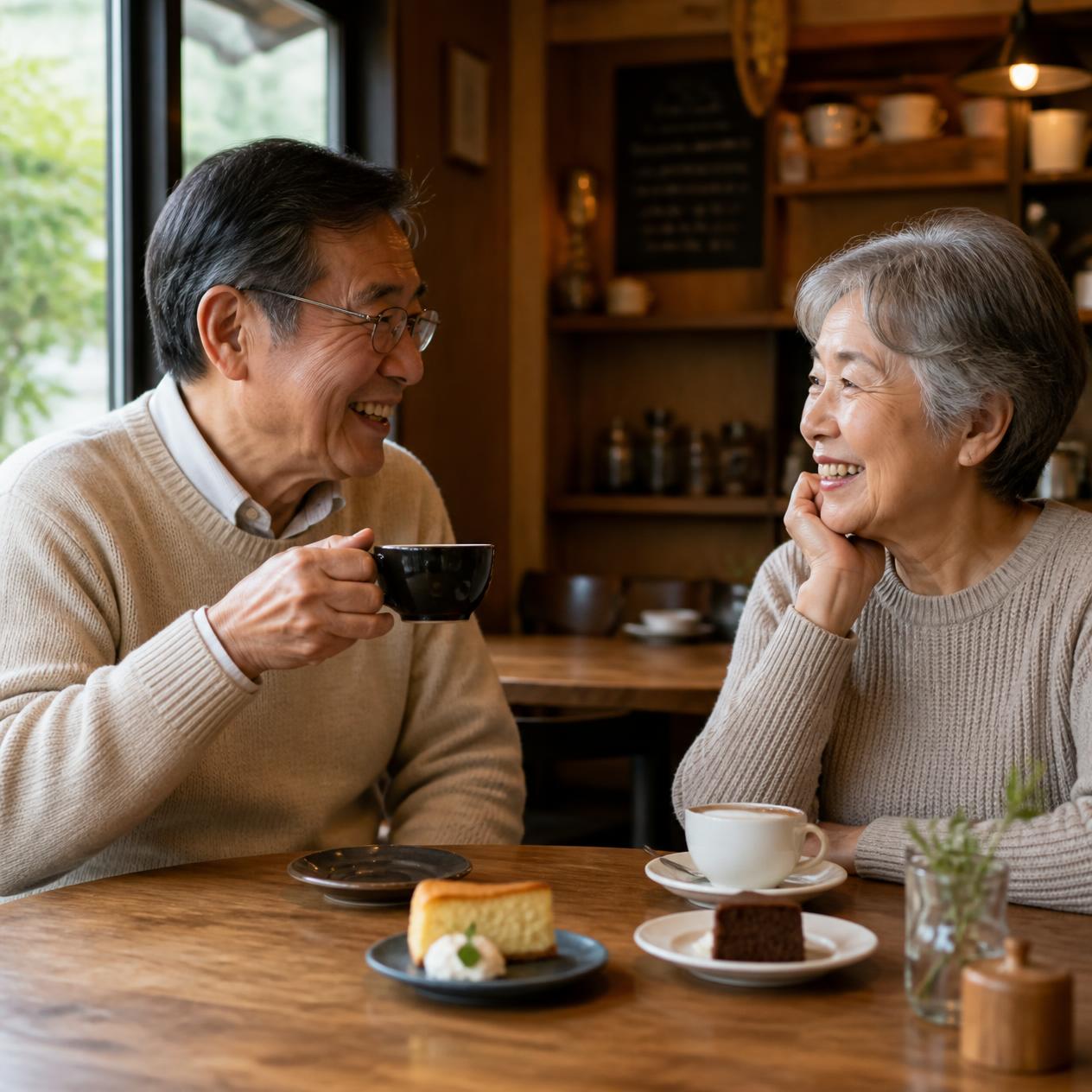 カフェの席で笑い合うシニア夫婦。コーヒーとケーキを前に、楽しいひとときを過ごしている様子
