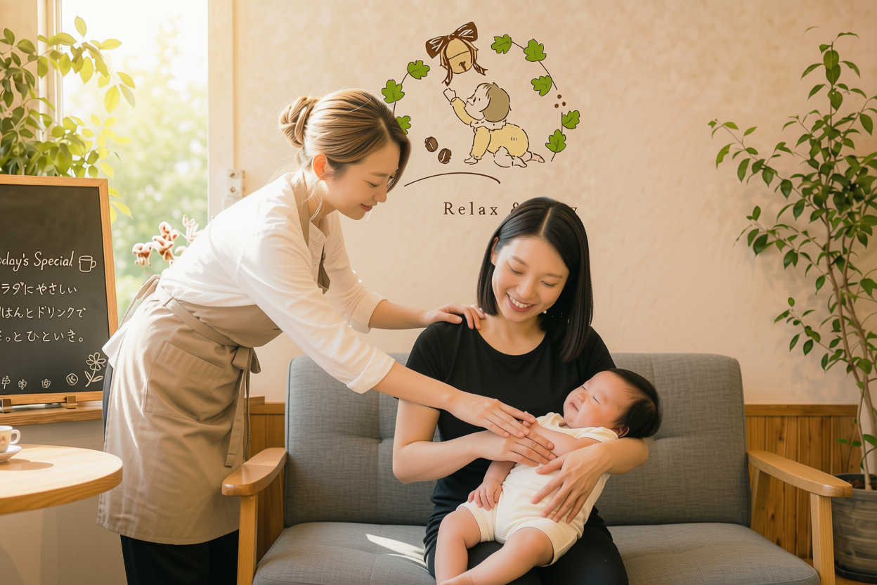スタッフが赤ちゃんを抱いたお母さんの肩にそっと手を添え、笑顔で見守っている様子