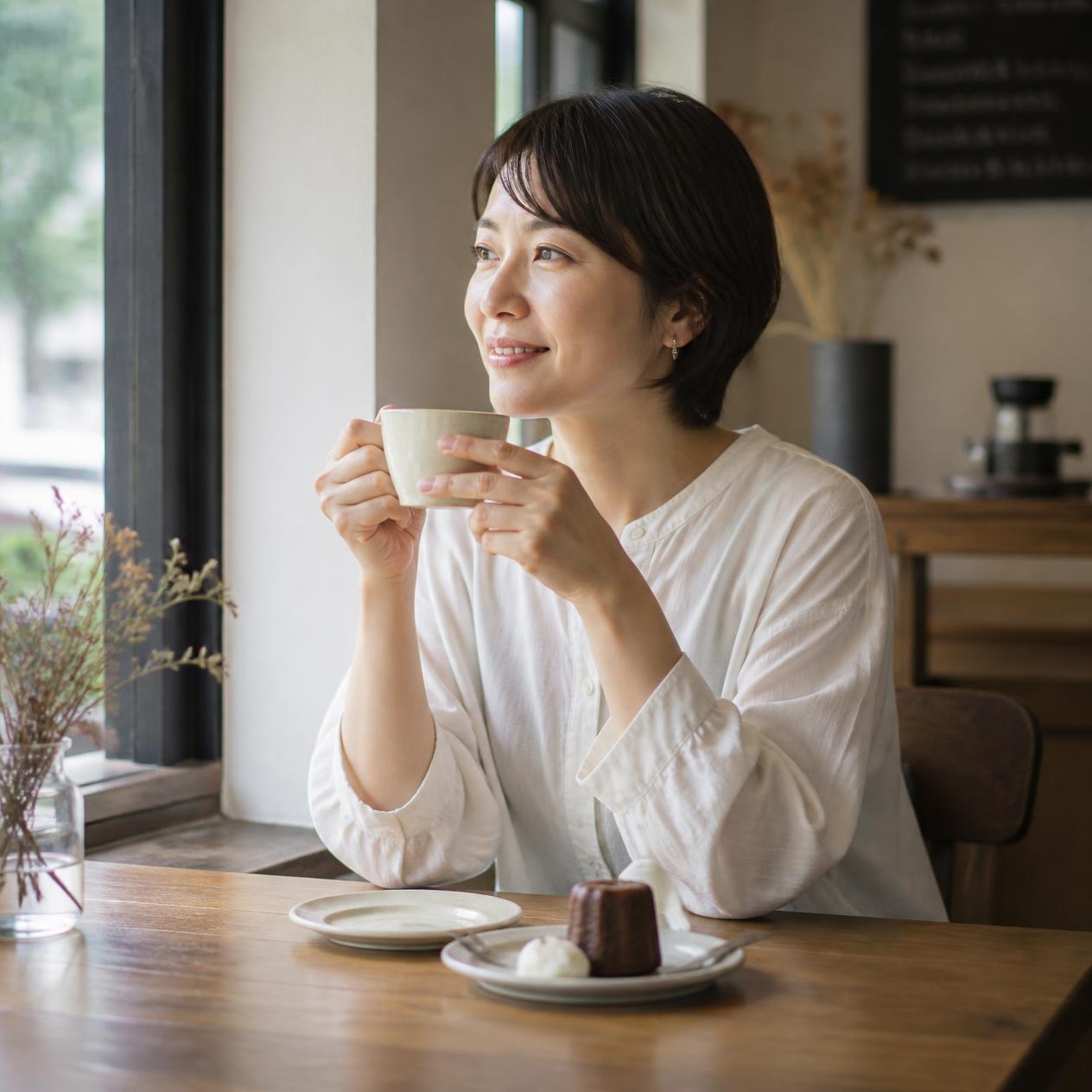 カフェの窓際の席で、ひとりでコーヒーを飲みながら外を眺めて微笑む女性。テーブルには焼き菓子が置かれ、誰にも気兼ねなくくつろいでいる様子