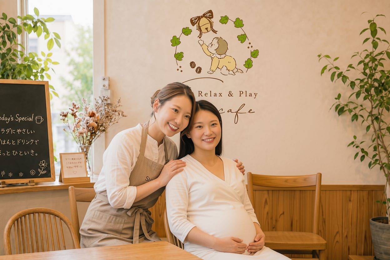 スタッフが妊娠中のお客様の肩にそっと手を添え、二人で笑顔を向け合っている店内の様子