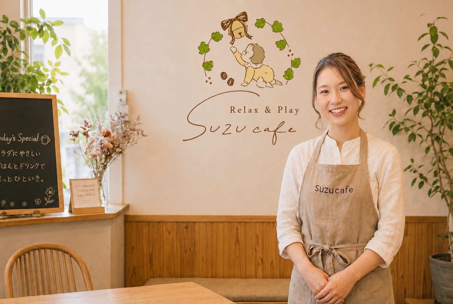 スズカフェの店内に立つ、ベージュのエプロン姿のスタッフの女性。木のぬくもりを感じる内装と壁のロゴを背景に、やわらかく微笑んでいる