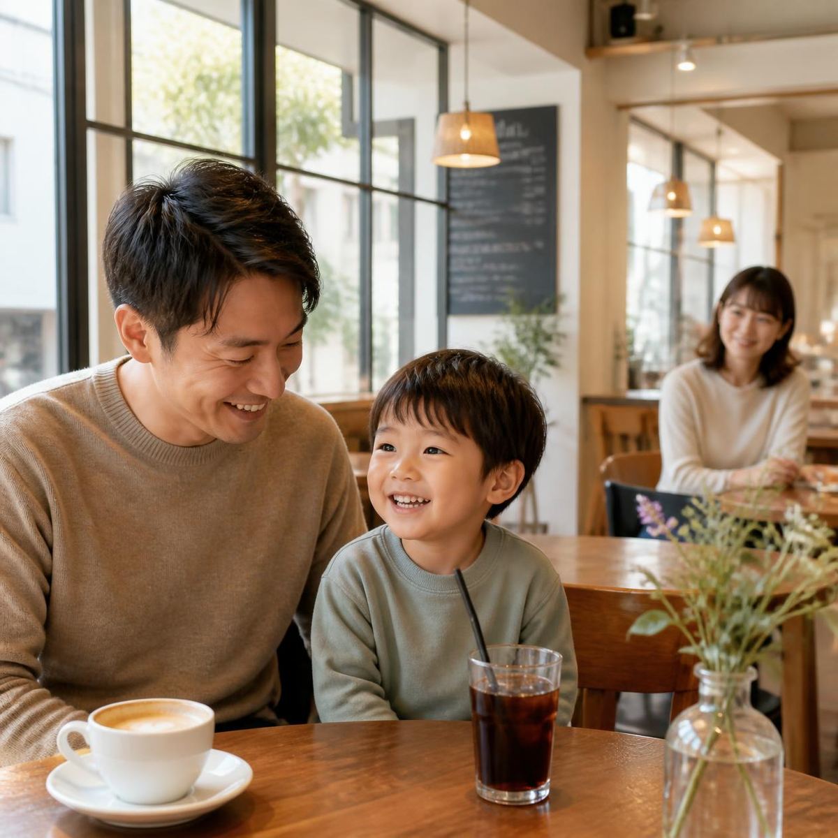 カフェの店内で、手前の席では父親と息子が笑いながら会話をし、少し離れた奥の席では母親が微笑んでいる、それぞれの家族がそれぞれの時間を過ごしている様子
