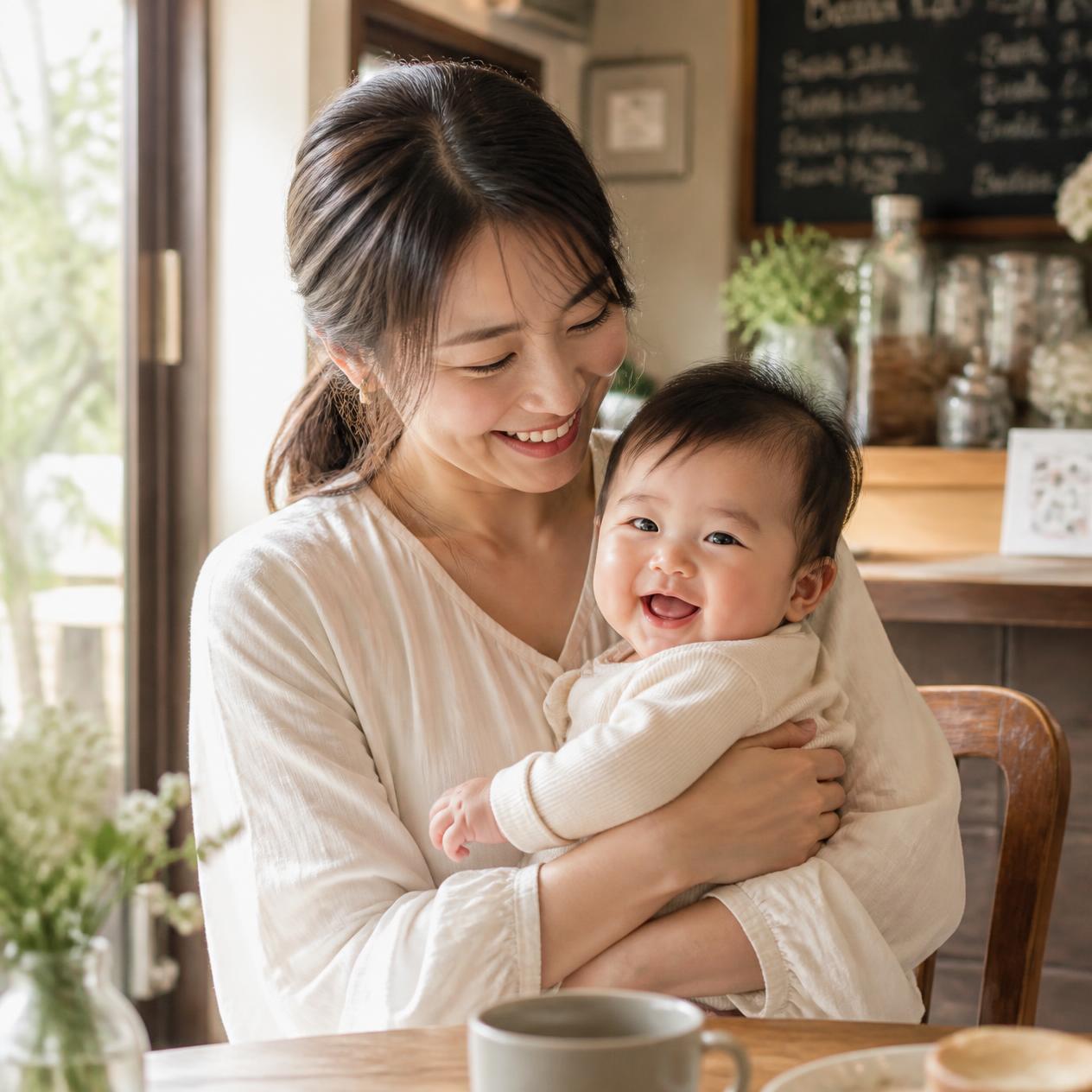カフェで日本人のママが赤ちゃんを抱っこしながら微笑んでいる様子。あたたかく自然な雰囲気。
