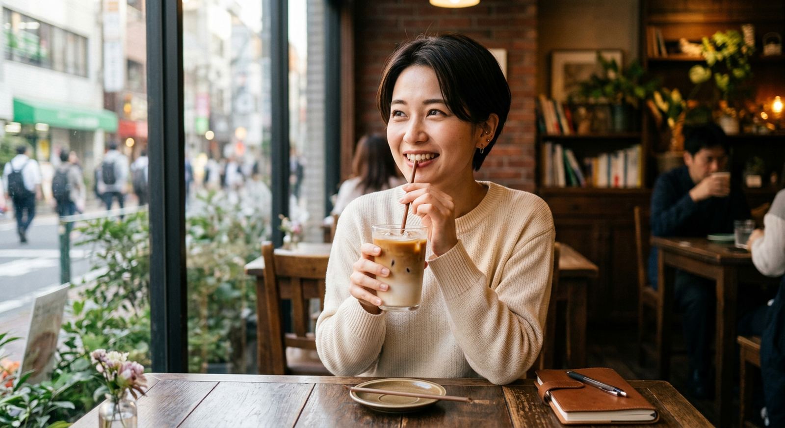 カフェの窓際の席で、アイスコーヒーを飲みながら微笑む女性の様子。ひとりの時間をゆったりと楽しんでいる。